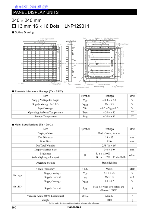 Panasonic PANEL DISPLAY UNITS 13 mm 16 × 16 Dots LNP129011 Owner's Manual - Page 1