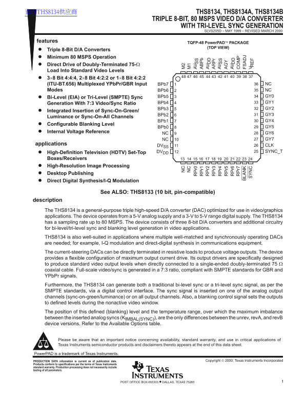 Texas Instruments THS8134, THS8134A, THS8134B Specifications and User Manual - Page 1