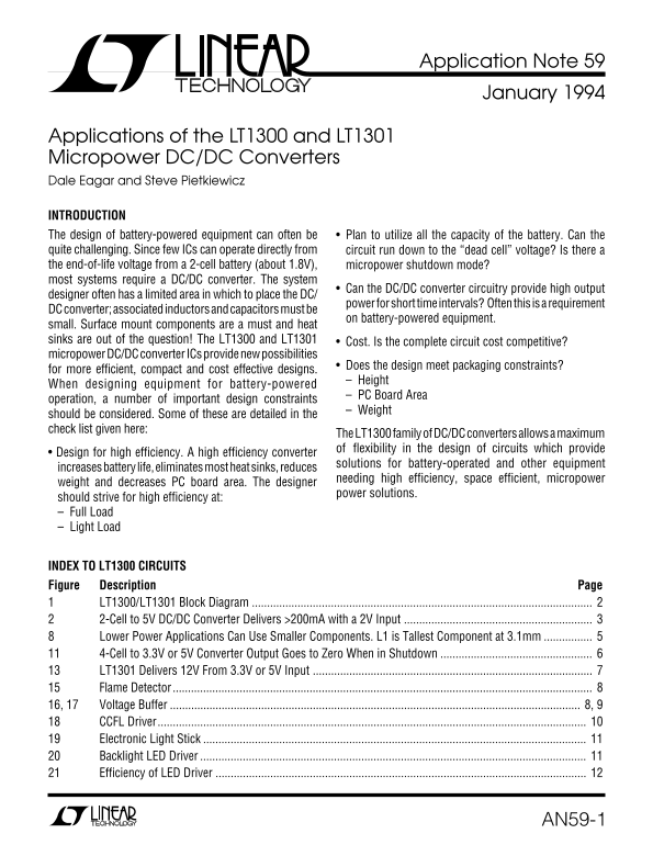 LINEAR Application Note 59 - LT1300 and LT1301 Micropower DC-DC Converters User Manual by Dale Eagar and Steve Pietkiewicz - Page 1