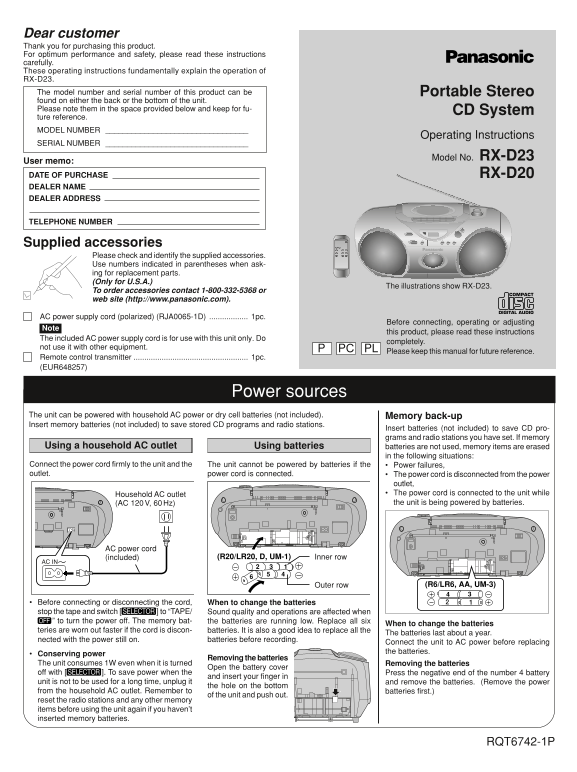 Panasonic RXD23 RX- D20 Portable Stereo CD System Operating Instructions - Page 1