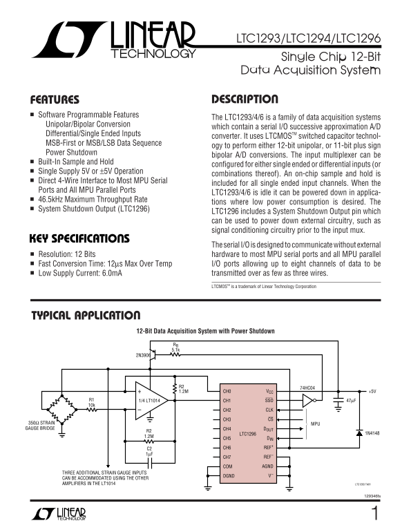 LINEAR TECHNOLOGY LTC1293, LTC1294, LTC1296 - Single Chip 12-Bit Data Acquisition System - Page 1