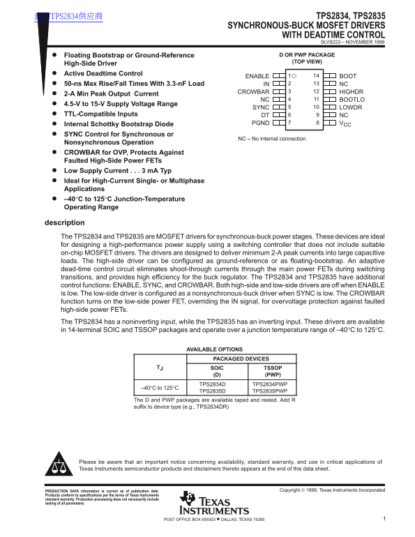 Texas Instruments TPS2834, TPS2835 Synchronous-Buck Mosfet Drivers with Deadtime Control Data Sheet - Page 1
