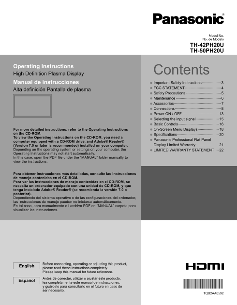 Panasonic TH-42PH20U TH-50PH20U User Guide - Page 1