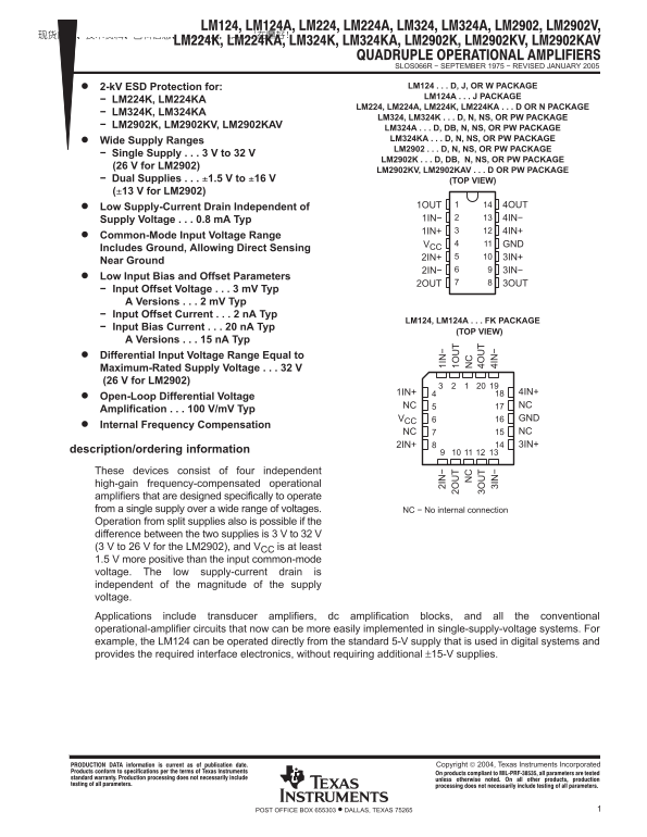TEXAS INSTRUMENTS LM124 LM124A LM224A LM324 LM324A LM2902 LM2902V LM224K LM224KA LM324K LM324KA LM2902K LM2902KV LM2902KAV Owner's Manual - Page 1