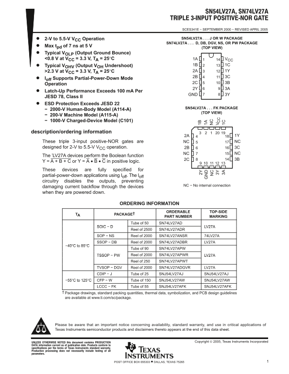 Texas Instruments SN54LV27A SN74LV27A Data Handbook / Specifications Manual - Page 1