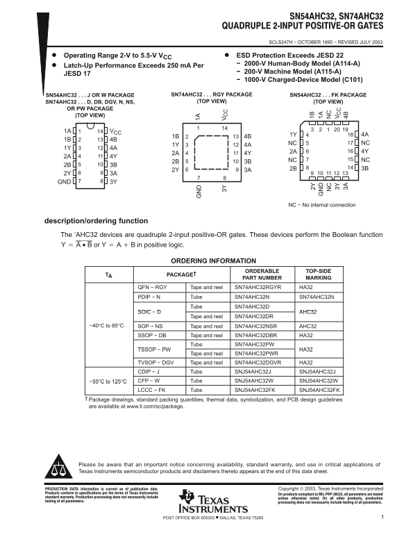 Texas Instruments SN54AHC32 SN74AHC32 Data Sheet Manual - Page 1