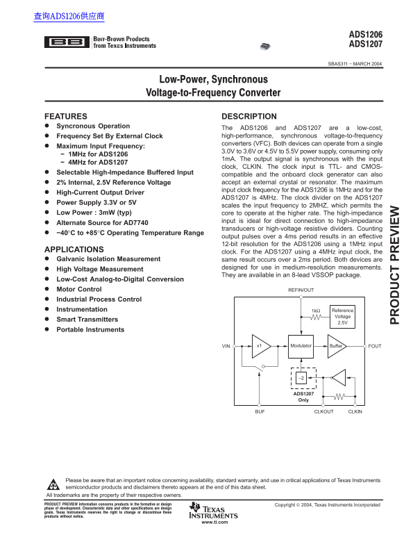 Texas Instruments ADS1206 ADS1207 Data Sheet Manual - Page 1