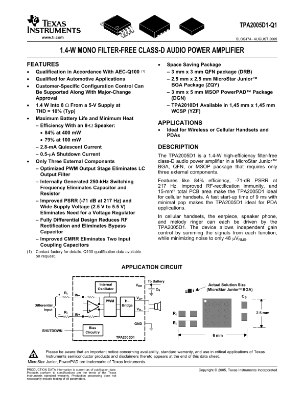 Texas Instruments TPA2005D1-Q1 1.4-W Mono Filter-Free Class-D Audio Power Amplifier Specifications Sheet Manual User Guide - Page 1