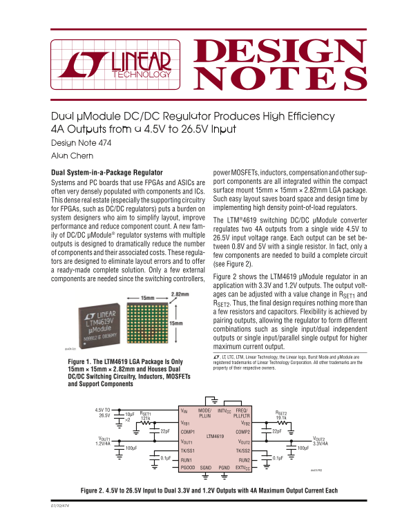 LINEAR Dual μModule DC-DC Regulator Achieves High Efficiency, Producing 4A Outputs from a 4.5V to 26.5V Input Range Design Note 474 by Alan Chern Owner's Manual, Specification Sheet - Page 1