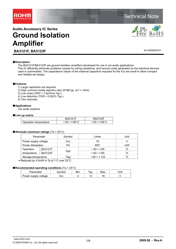 ROHM BA3121F Data Sheet - Page 1