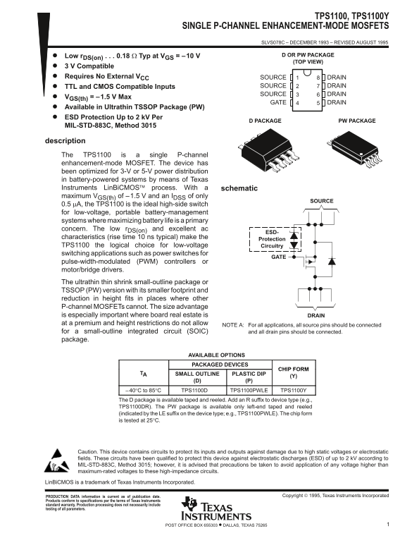 Texas Instruments - TPS1100, TPS1100Y Single P-Channel Enhancement-Mode MOSFETs Owner's Manual and User Guide - Page 1