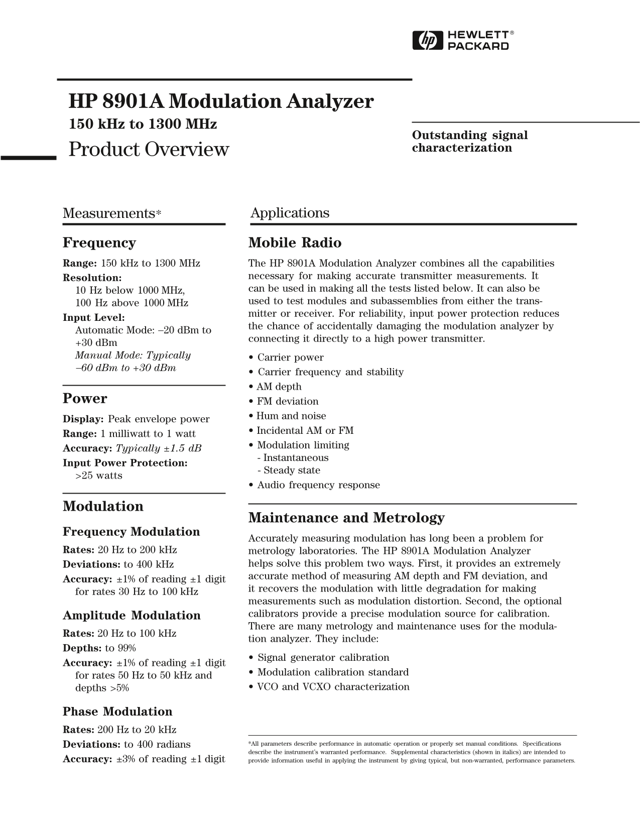 HP HP 8901A Modulation Analyzer 150 kHz to 1300 MHz Product Overview - Page 1