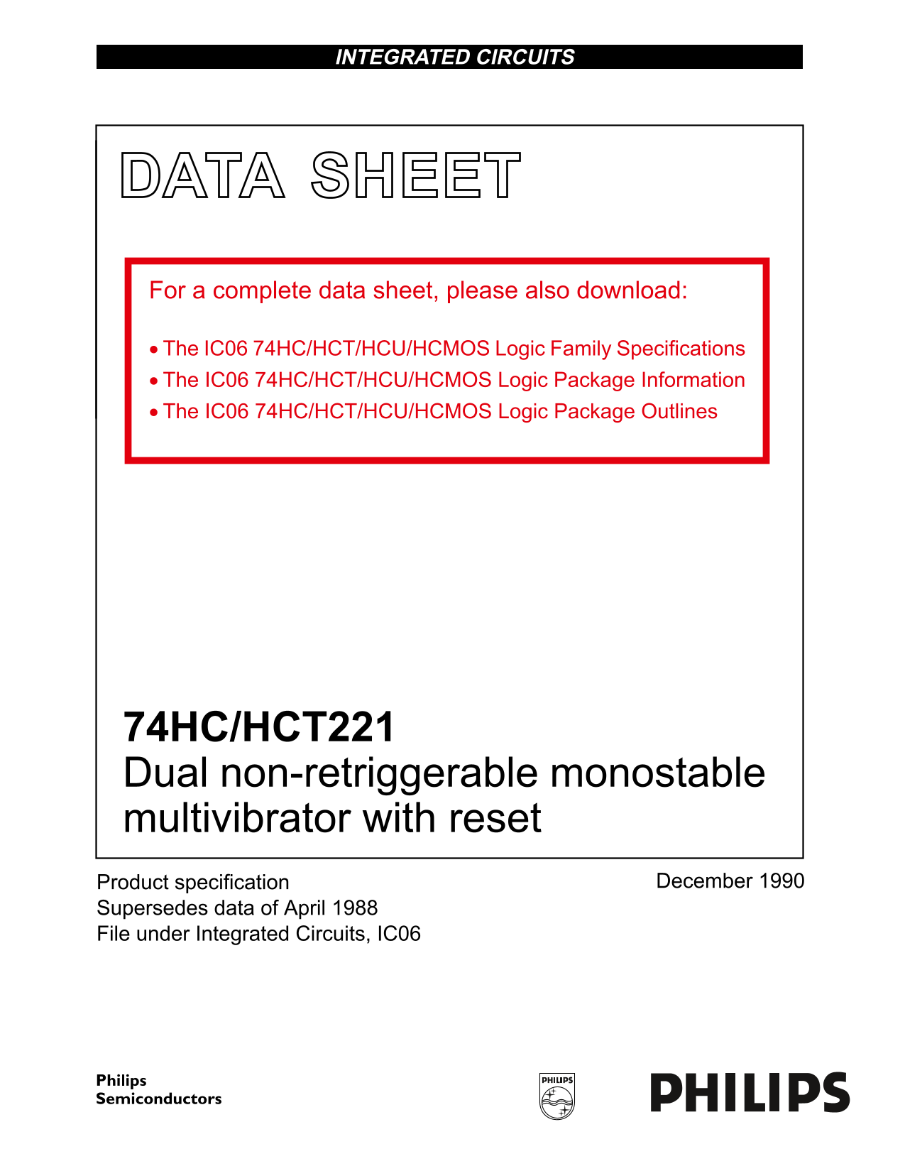 PHILIPS 74HC HCT221 Dual Non-ReTriggerable Monostable Multivibrator with Reset User Manual - Page 1
