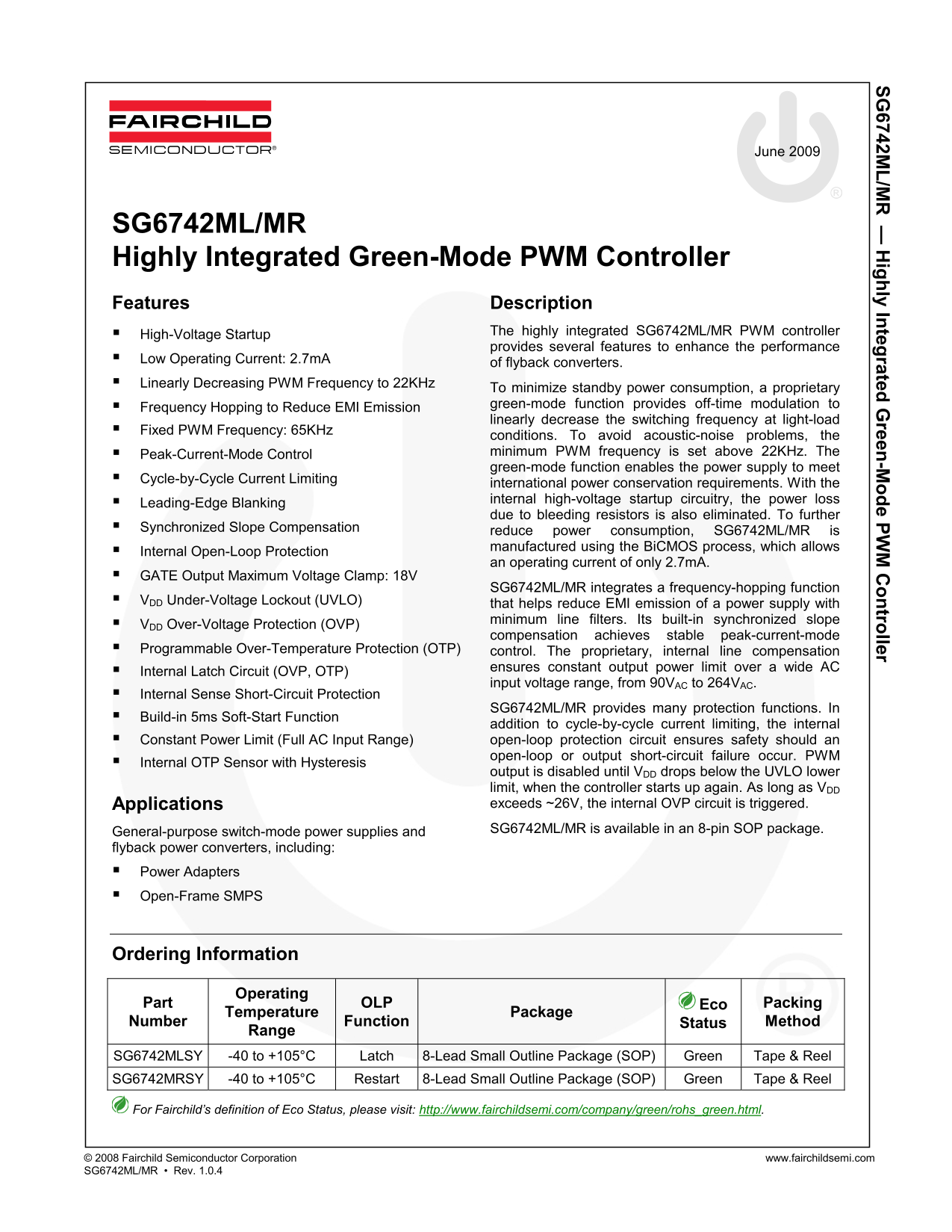 Fairchild SG6742ML MR- High-Performance Green PWM Controller Data Sheet - Page 1