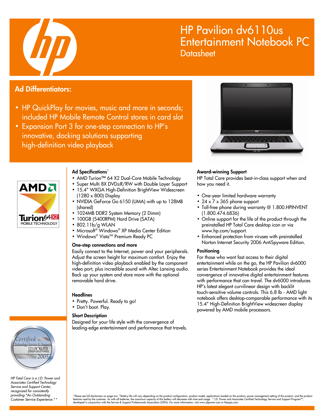 HP Pavilion dv6100us Entertainment Notebook User's Manual - Page 1