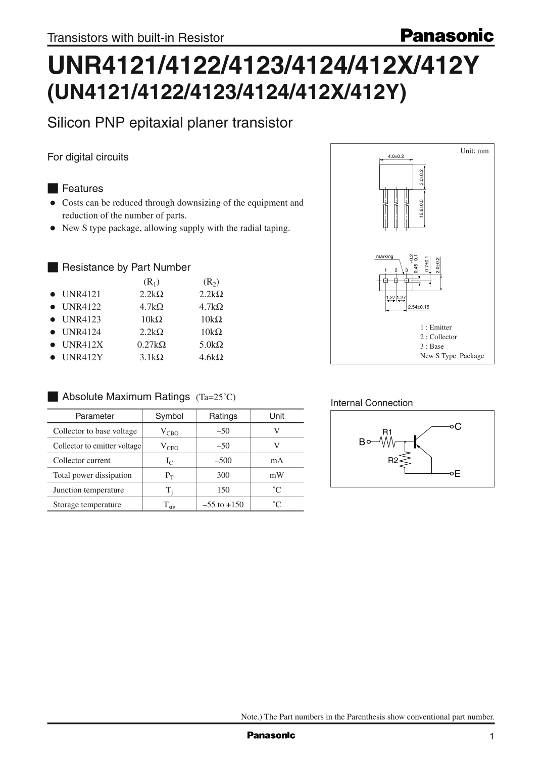 Panasonic UNR4121, 4122, 4123, 4124, 412X, 412Y (UN4121, 4122, 4123, 4124, 412X, 412Y) DATA SHEET - Page 1