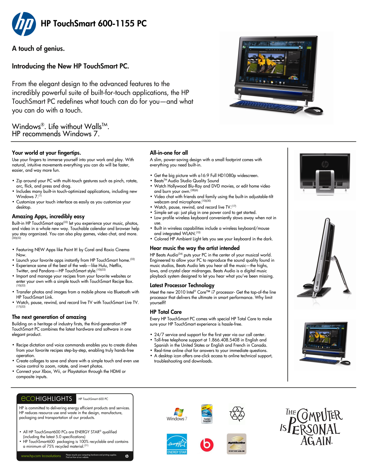 HP TouchSmart 600-1155 PC Owner's Manual and User Guide - Page 1