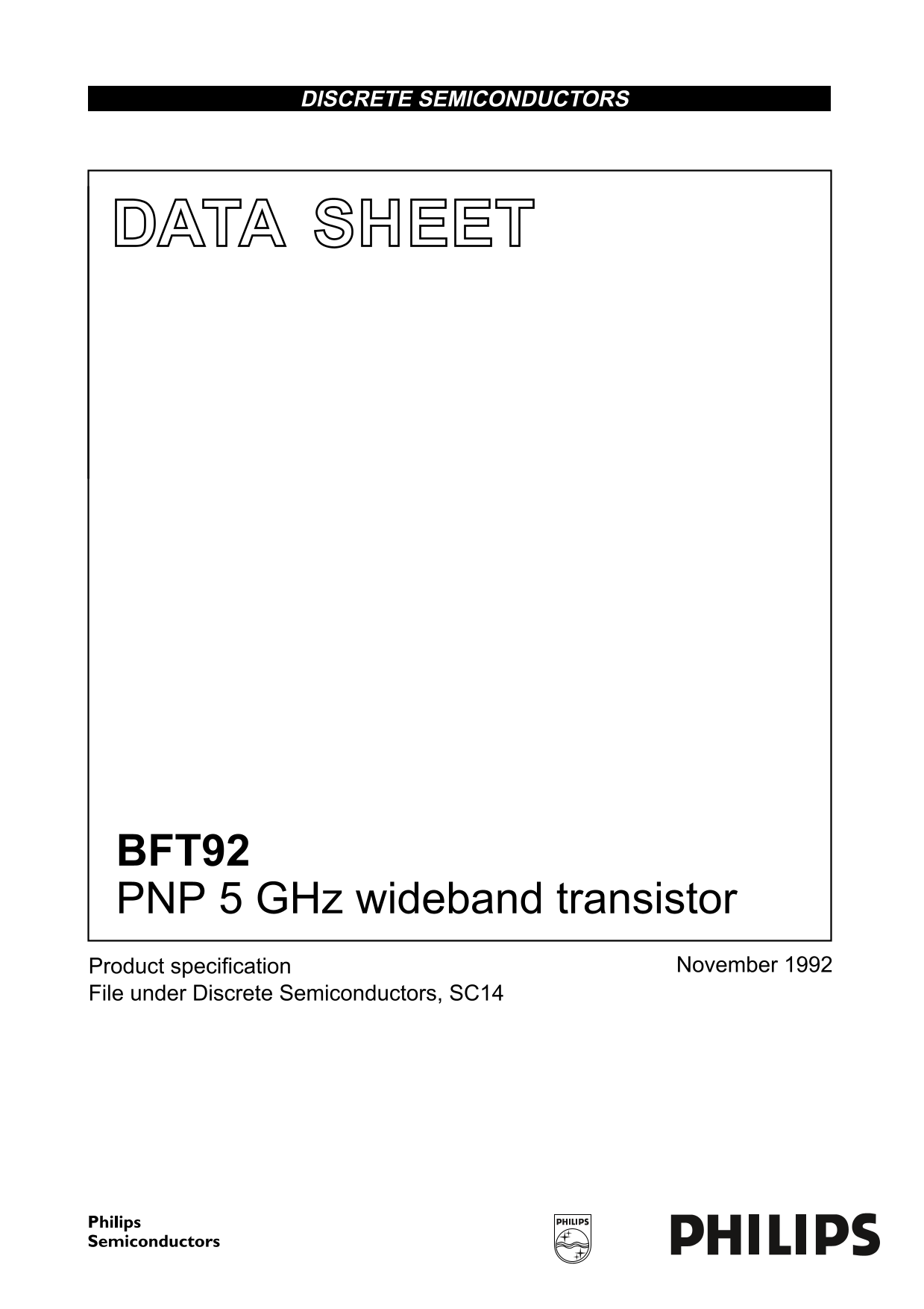 Philips BFT92 PNP 5 GHz Wideband Transistor Data Manual - Page 1