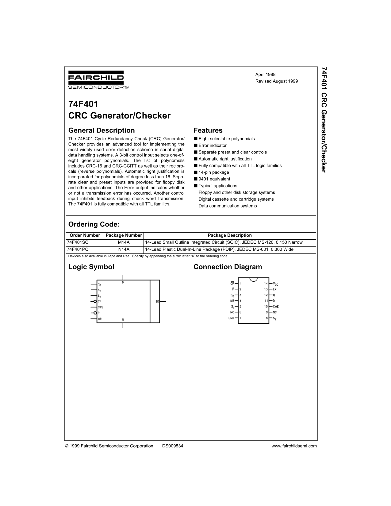 Fairchild 74F401 CRC Generator Checker Data Sheet - Page 1