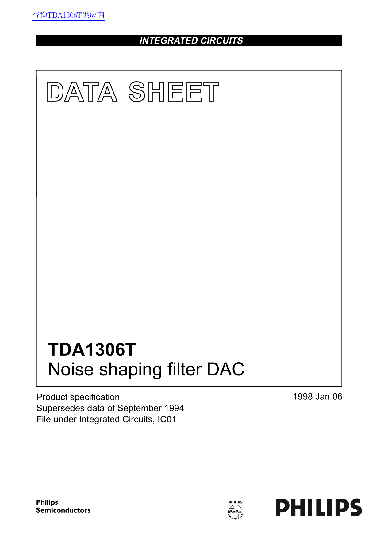 Philips TDA1306T Noise Shaping Filter DAC Data Sheet User Manual - Page 1