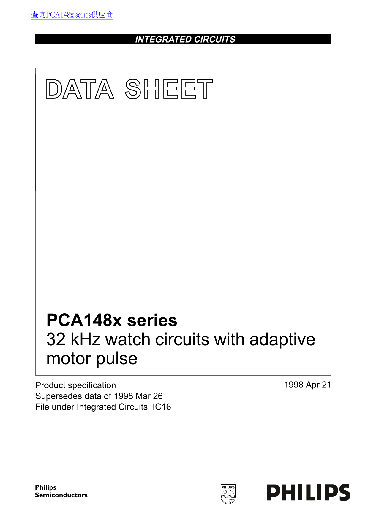 Philips PCA148x Series 32kHz Watch Circuits with Adaptive Motor Pulse - Data Manual/Specifications - Page 1