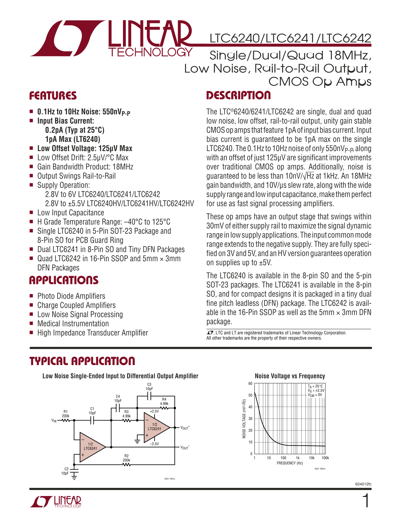 LINEAR TECHNOLOGY LTC6240 LTC6241 LTC6242 Data Sheet User Guide - Page 1
