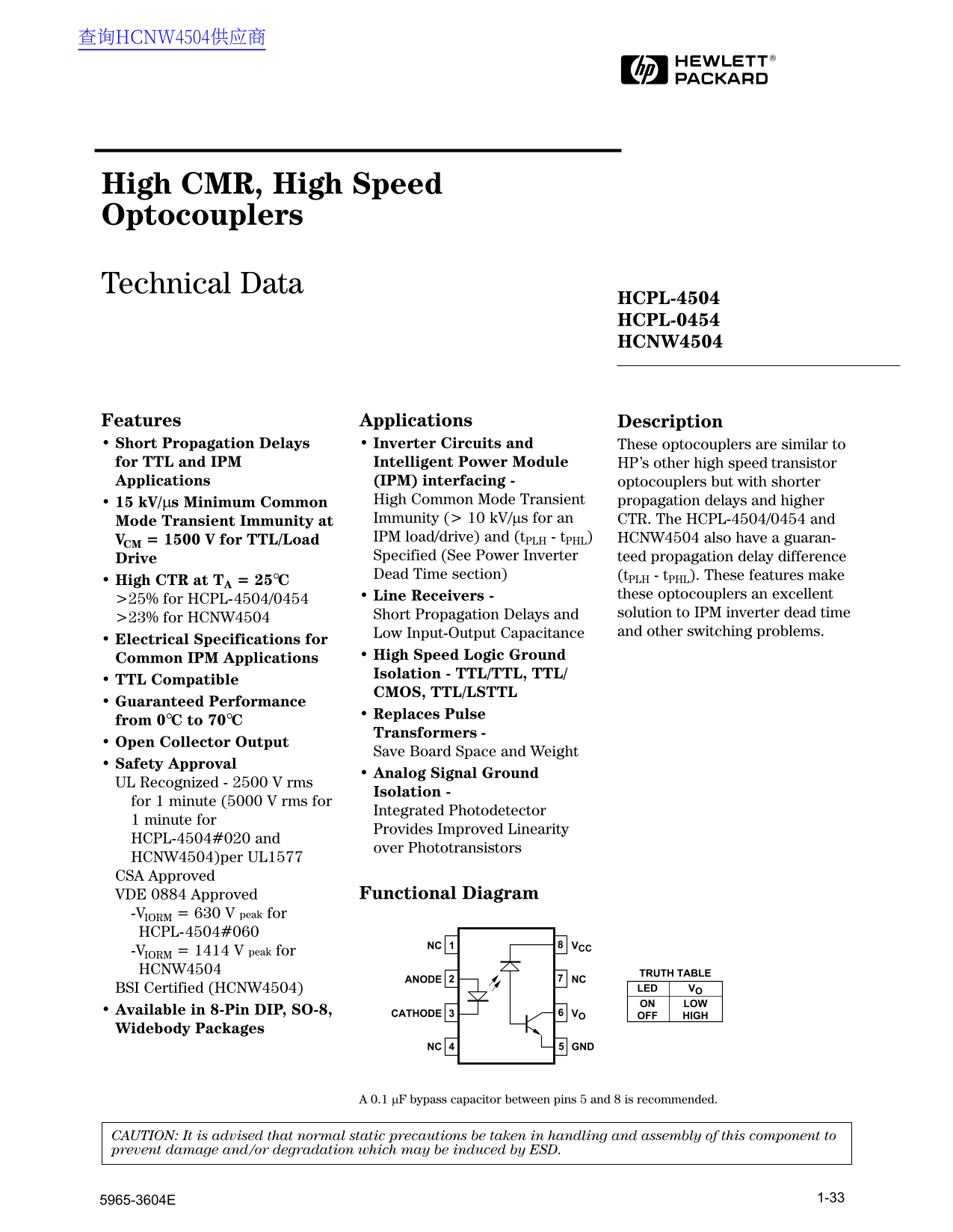 HP HCPL-4504 HCPL-0454 HCNW4504 Data Manual - Page 1