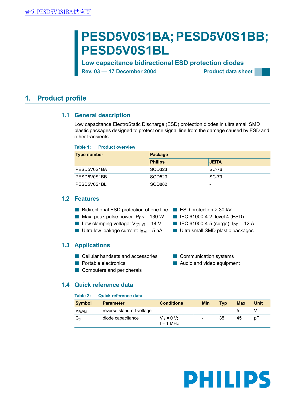 Philips PESD5V0S1BA; PESD5V0S1BB; PESD5V0S1BL Data Manual - Page 1