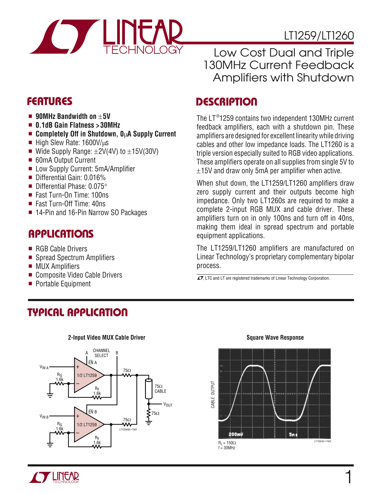 LINEAR TECHNOLOGY LT1259 LT1260 User's Manual - Page 1