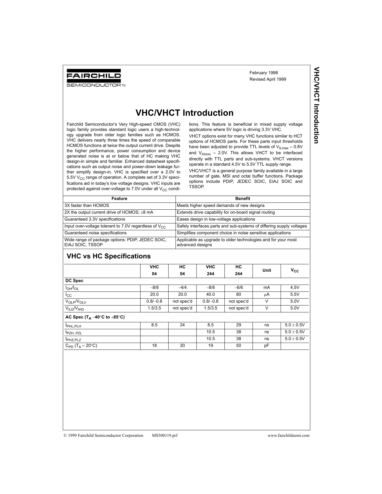 Fairchild VHC VHCT Introduction and Data Handbook - Page 1