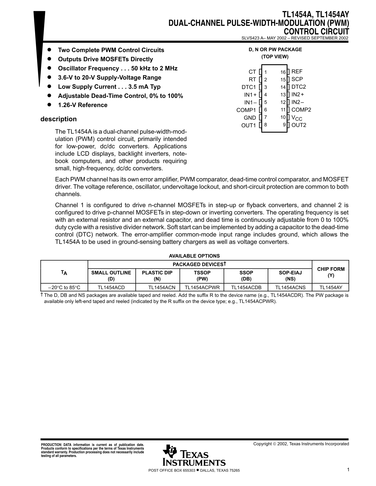 Texas Instruments - TL1454A, TL1454AY Dual-Channel Pulse-WIDTH-Modulation (PWM) Control Circuit Data Manual - Page 1