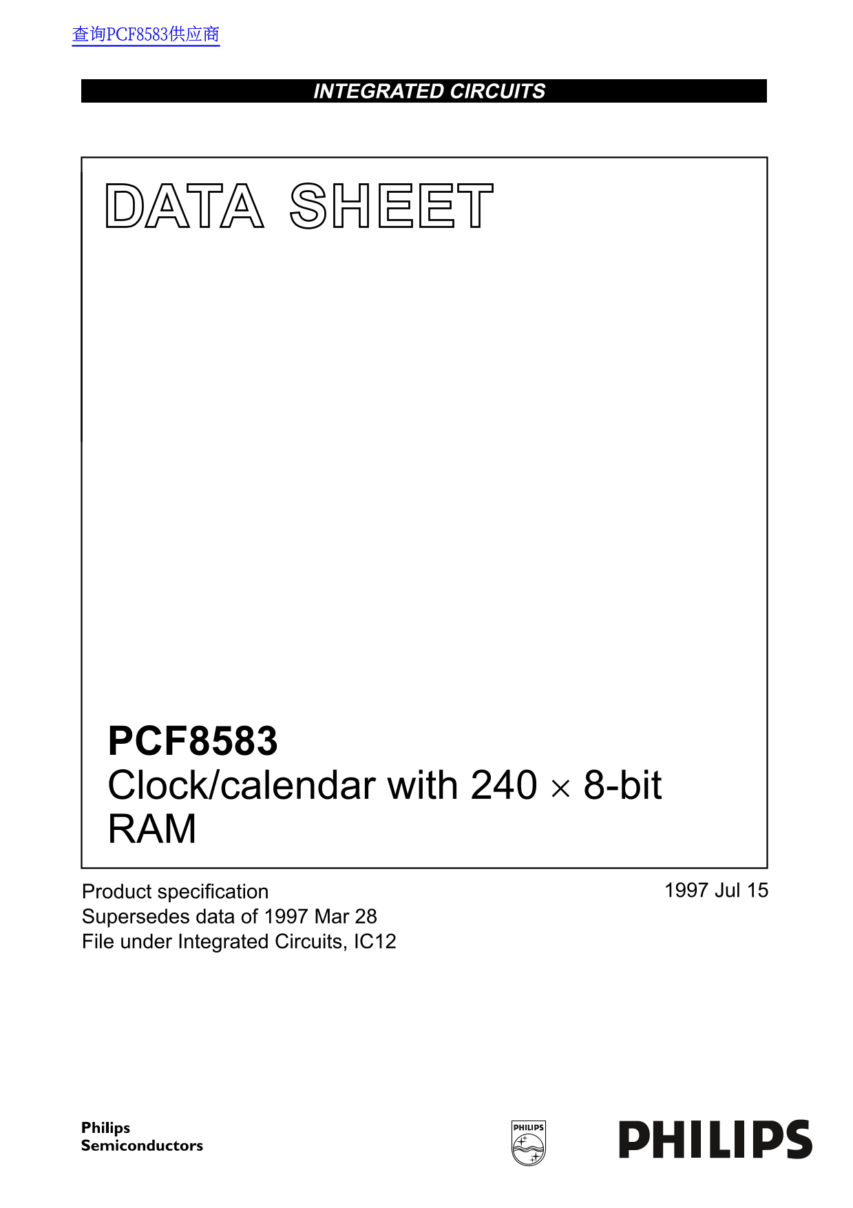 PHILIPS PCF8583 Clock calendar Data Sheet User Manual - Page 1
