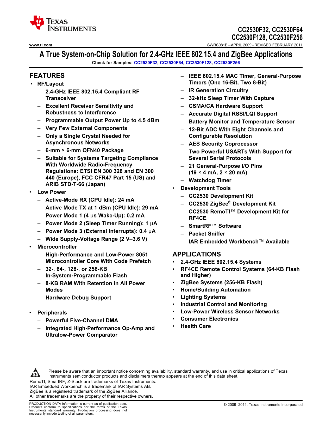 Texas Instruments CC2530F32, CC2530F64, CC2530F128, CC2530F256 Data Sheet Manual - Page 1