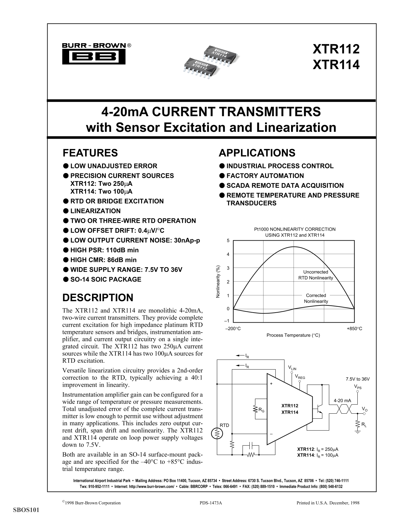 Texas Instruments XTR112 XTR1144-20mA Current Transmitters with Sensor Excitation and Linearization - Page 1