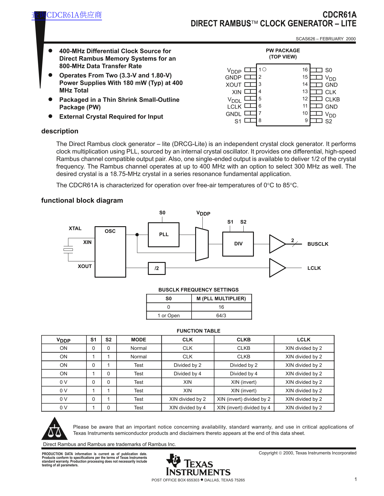 Texas Instruments CDCR61A Data Sheet/Manual - Page 1
