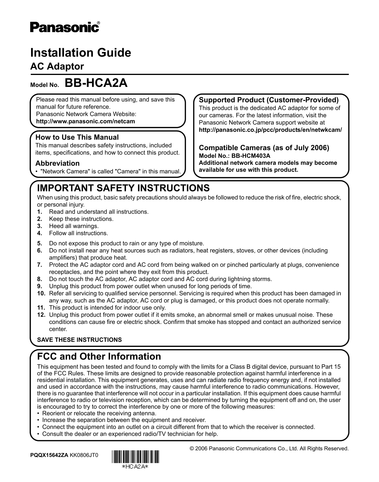 Panasonic BB-HCA2A User Guide - Page 1