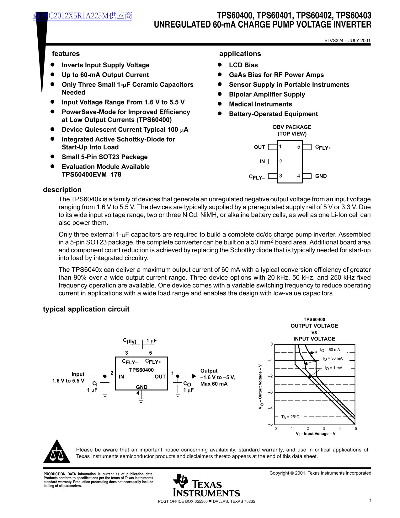 Texas Instruments TPS60400, TPS60401, TPS60402, TPS60403 Unregulated 60-mA Charge Pump Voltage Inverter Data Sheet User Manual - Page 1