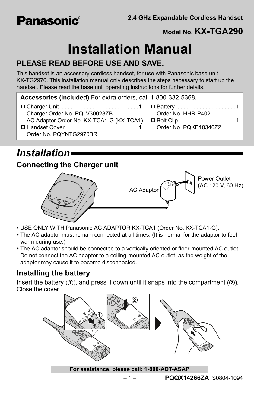 Panasonic KX-TGA290 Installation Manual - Page 1