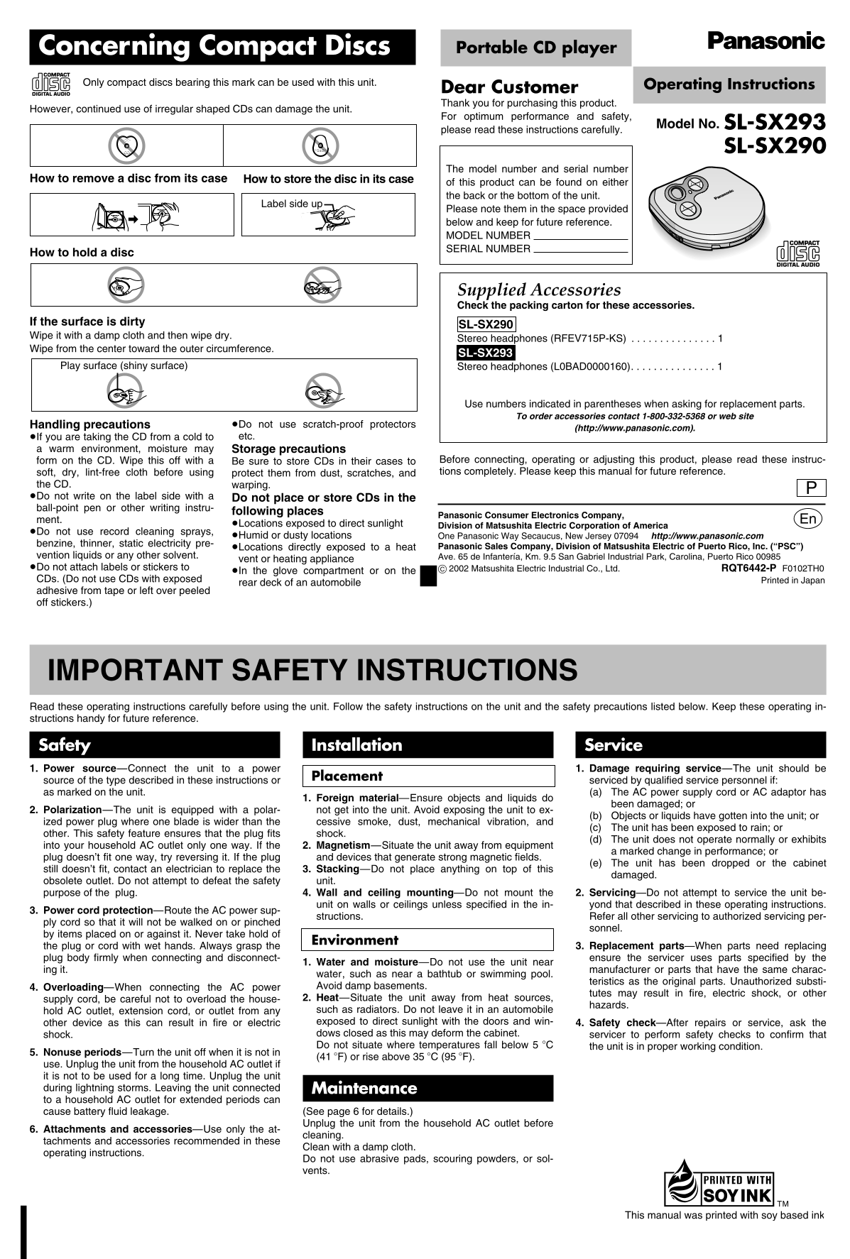 Panasonic SL-SX293 SL-SX290 User Manual - Page 1