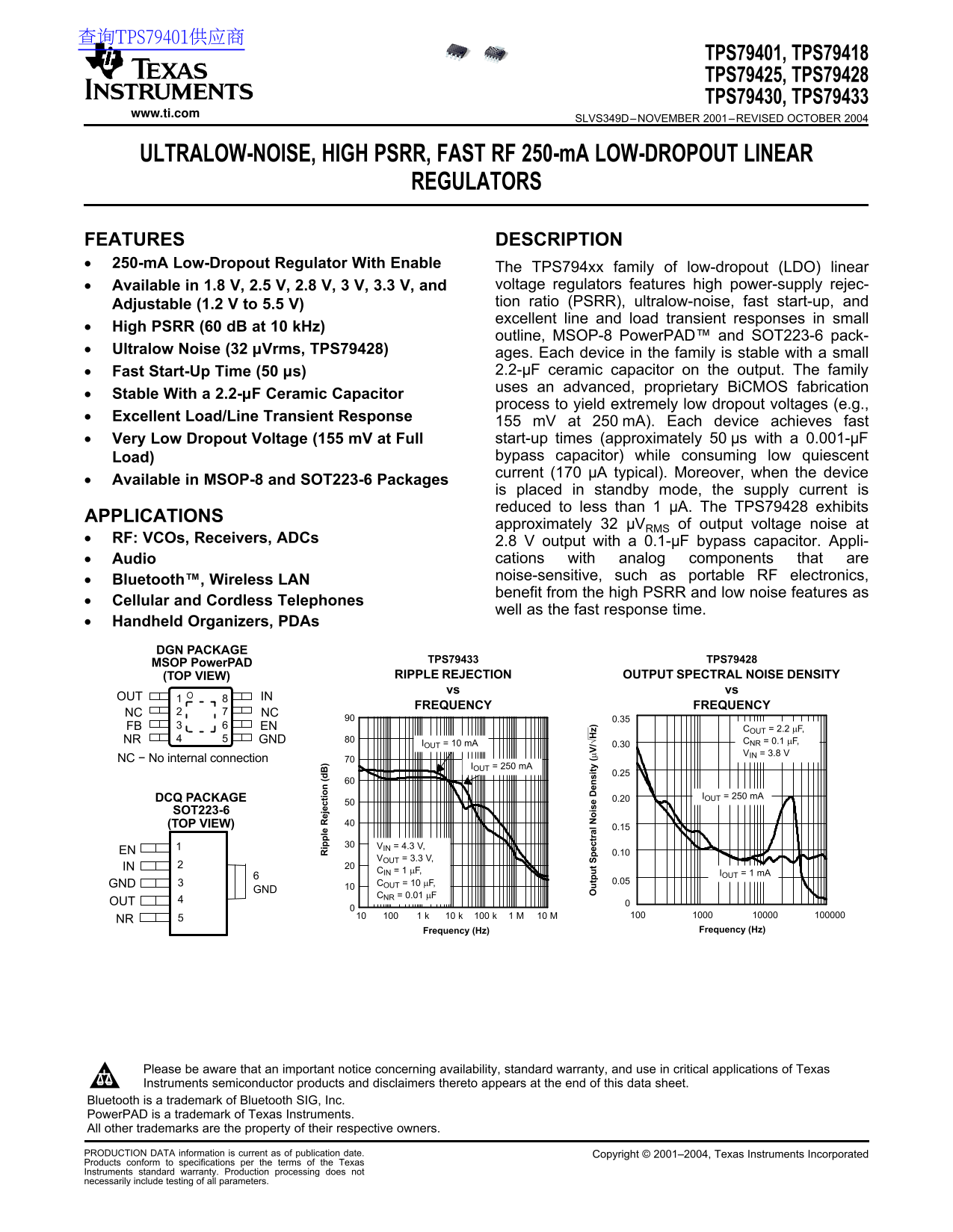 Texas Instruments TPS79401, TPS79418, TPS79425, TPS79428, TPS79430, TPS79433 Owner's Manual - Page 1
