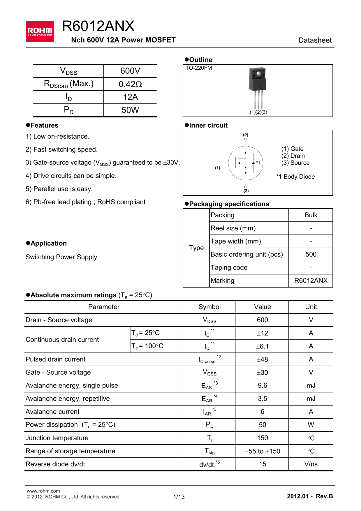 ROHM R6012ANX User Guide - Page 1