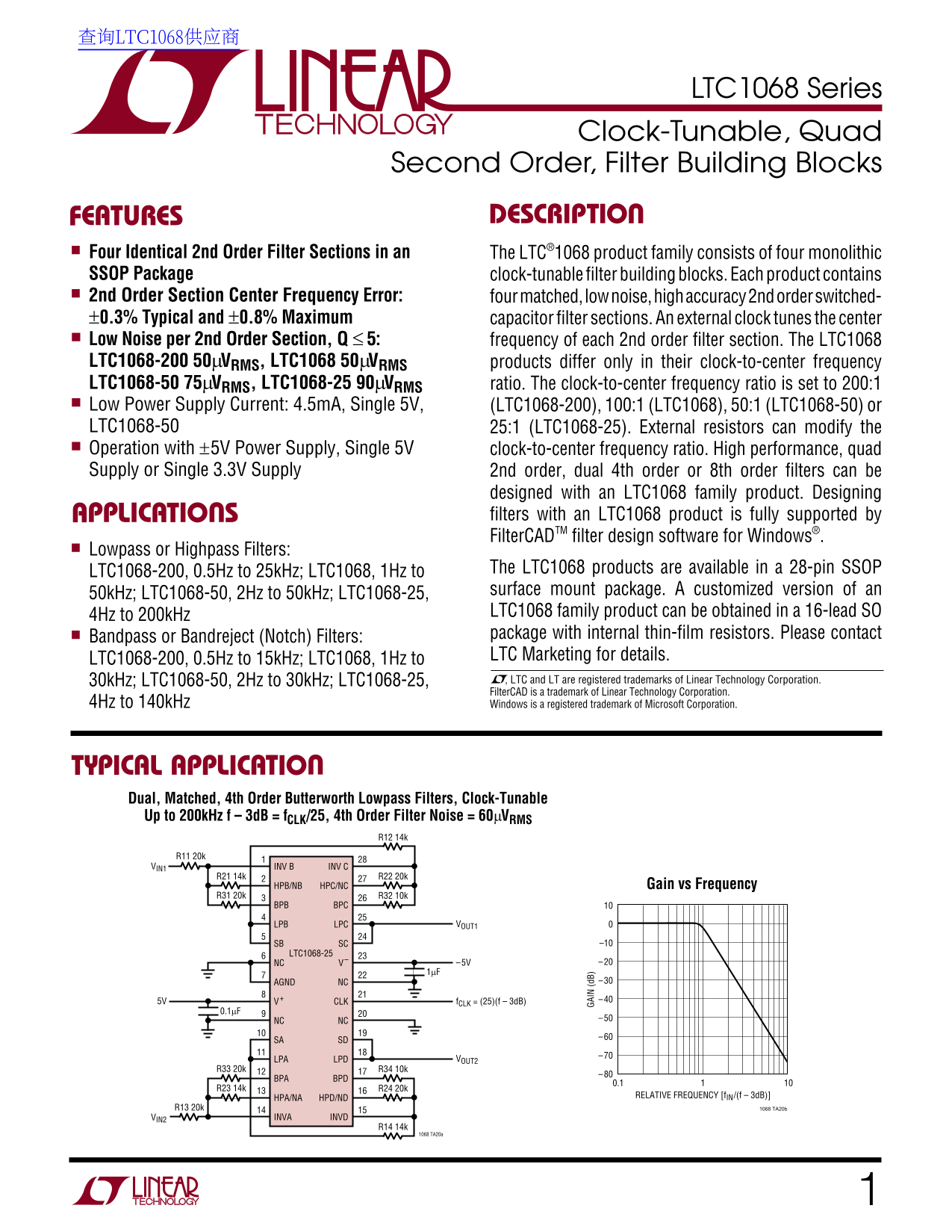 LINEAR LTC1068 Series Data Handbook - Page 1