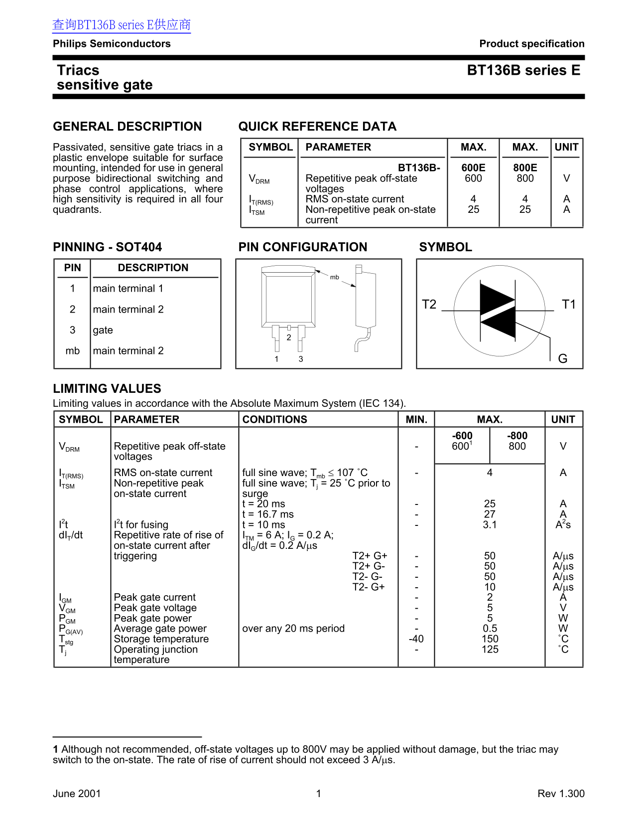PHILIPS BT136B series E Product Specifications - Page 1