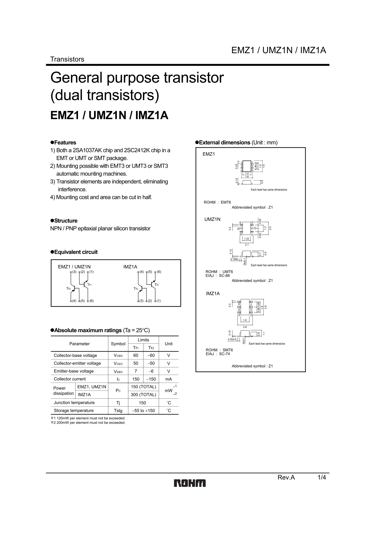ROHM EMZ1 UMZ1N IMZ1A Data Handbook/Specifications Sheet - Page 1