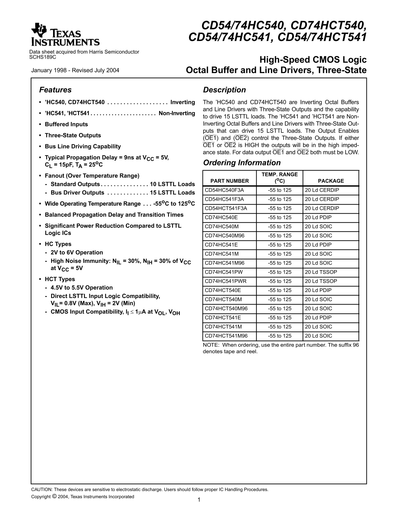 TEXAS INSTRUMENTS - CD54/CD74HCT540/CD54/CD74HC540 High-Speed CMOS Logic Octal Buffer and Line Drivers, Three- State Data Manual / User Guide - Page 1