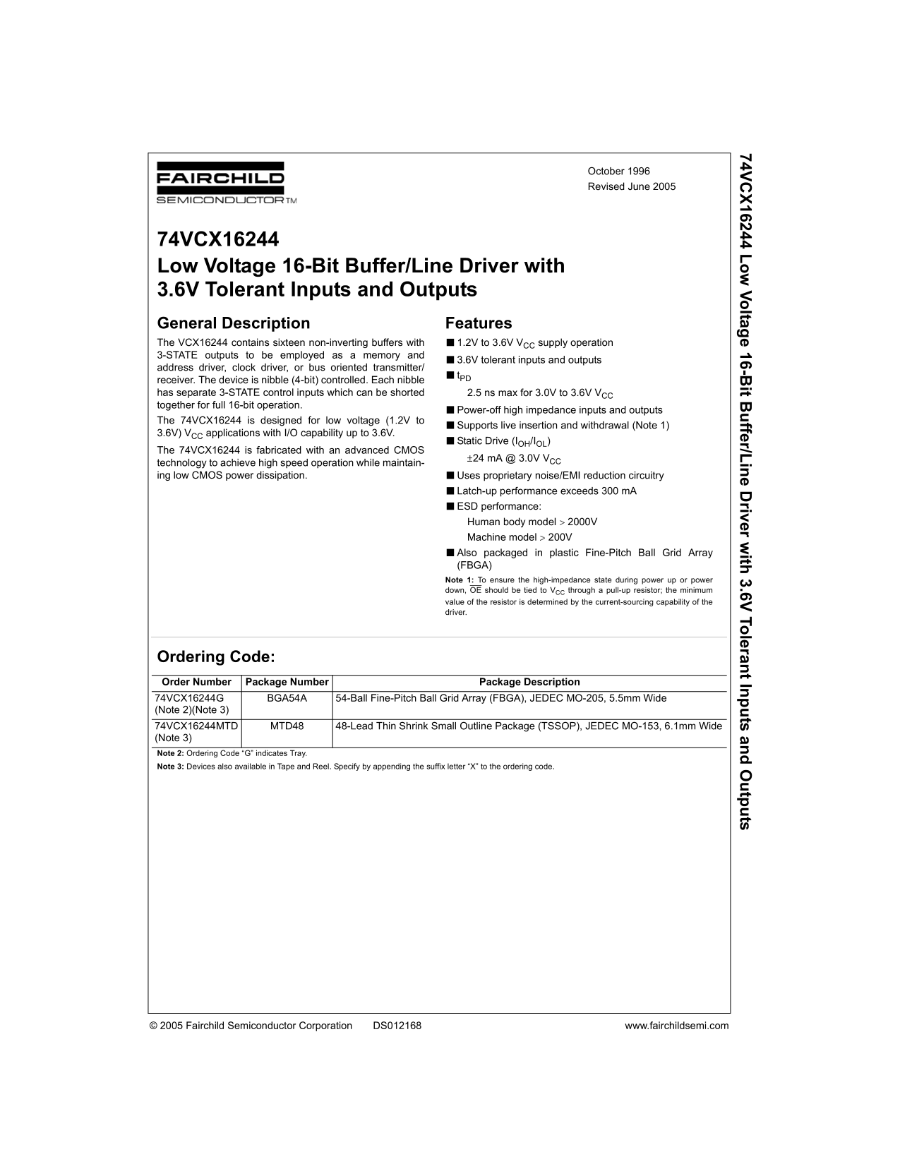 FAIRCHILD 74VCX16244 Data Handbook - Page 1