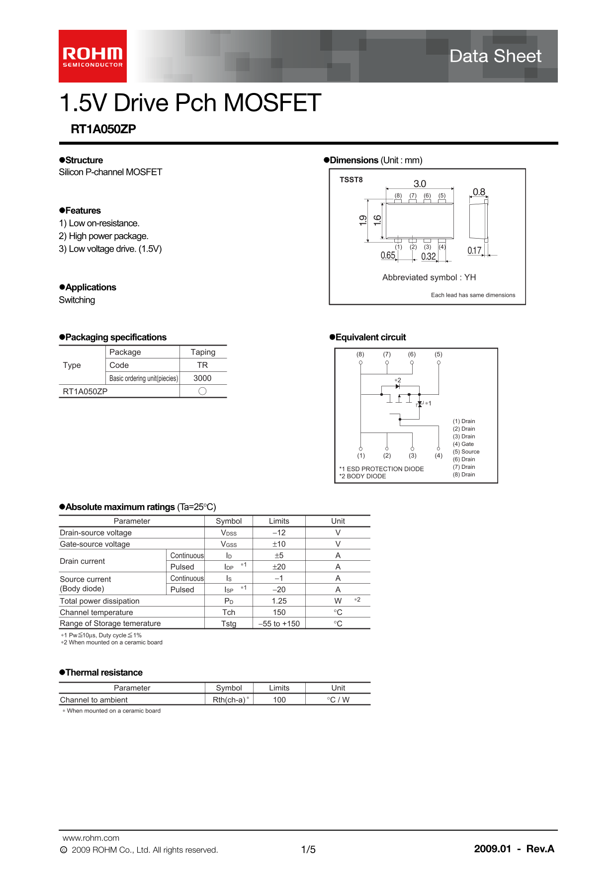 ROHM RT1A050ZP Specification Sheet and User Guide - Page 1