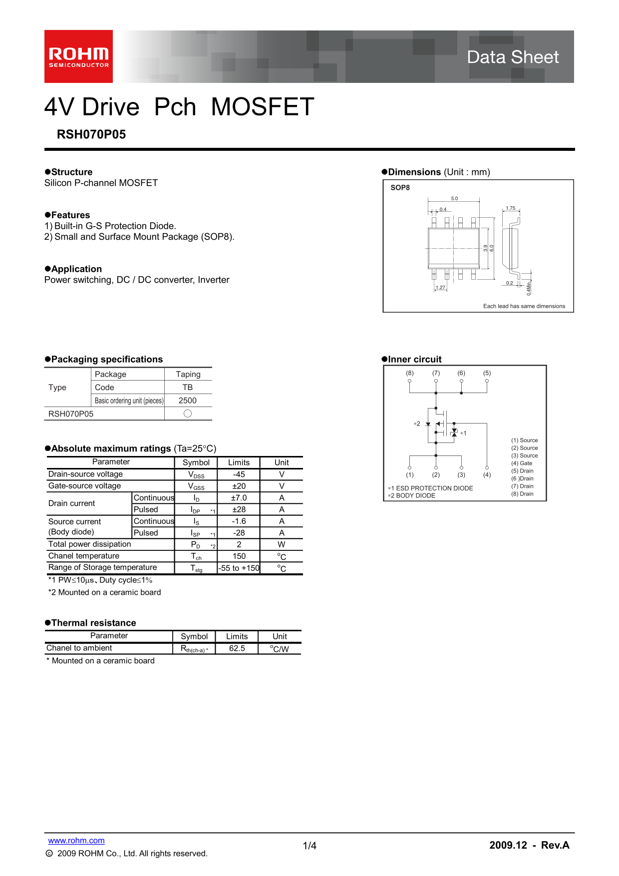 ROHM RSH070P05 Data Sheet - Page 1