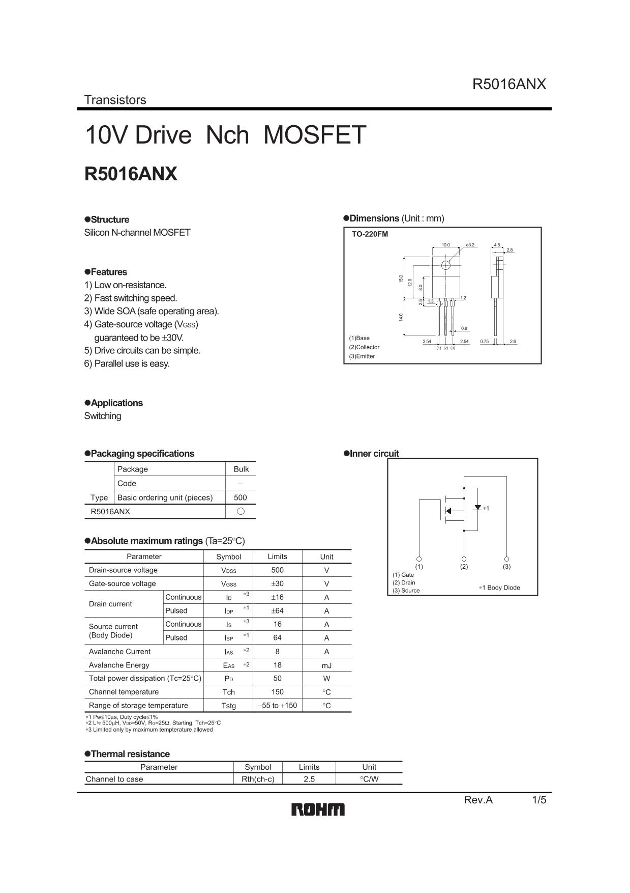 ROHM R5016ANX Transistors User Manual - Page 1