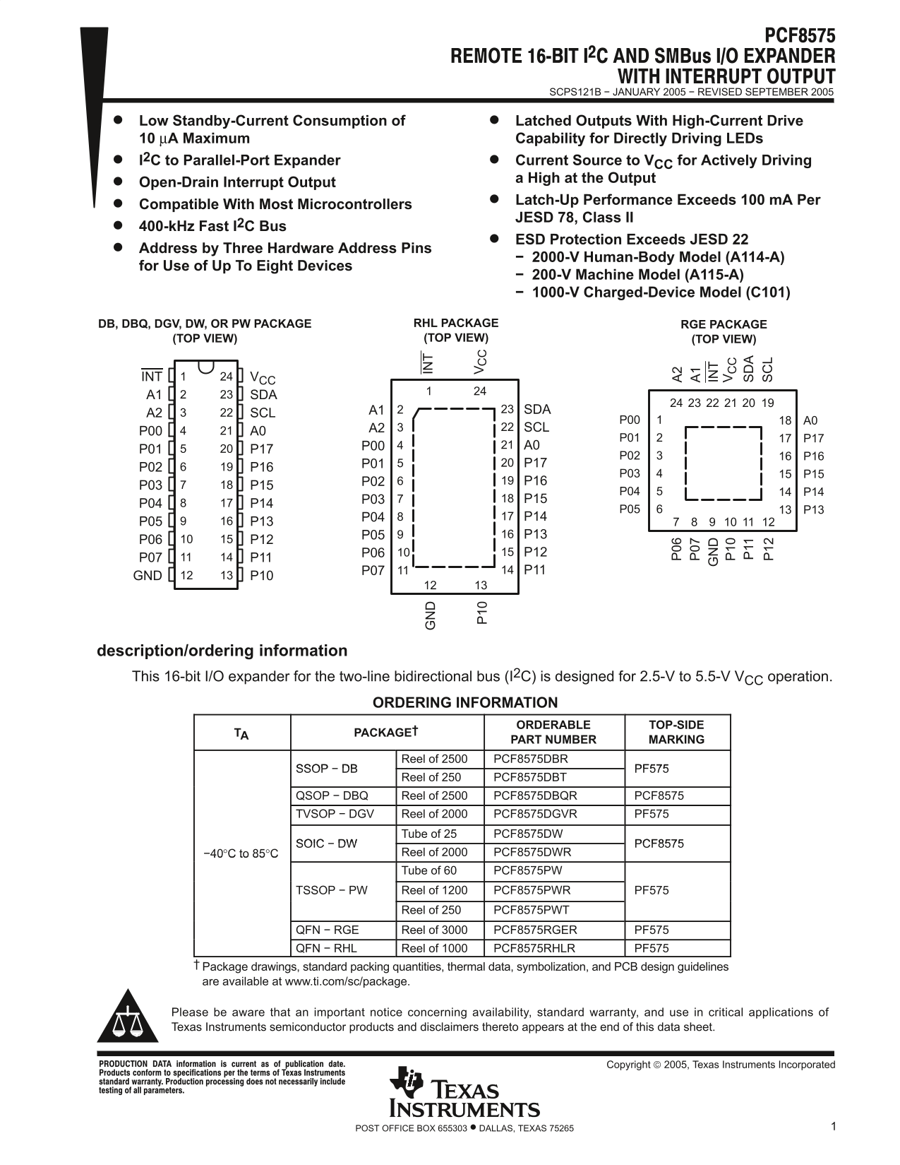 Texas Instruments PCF8575 Data Sheet - Page 1